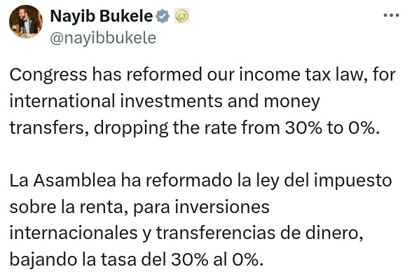 Nayib Bukele hablando sobre la reforma a la ley del impuesto sobre la renta para dinero que viene del extranjero.